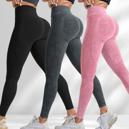Women Seamless Gym High Waist Yoga Pants Hip Lifting Outdoor Sports Tight Waist Letter Sand Washed Pants Exercise Yoga Leggings