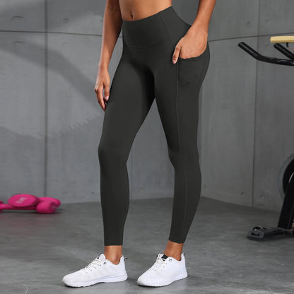 Women's High-Waisted Solid Color Yoga Pants With Pockets, Compression Leggings For Sports, Fitness, Running